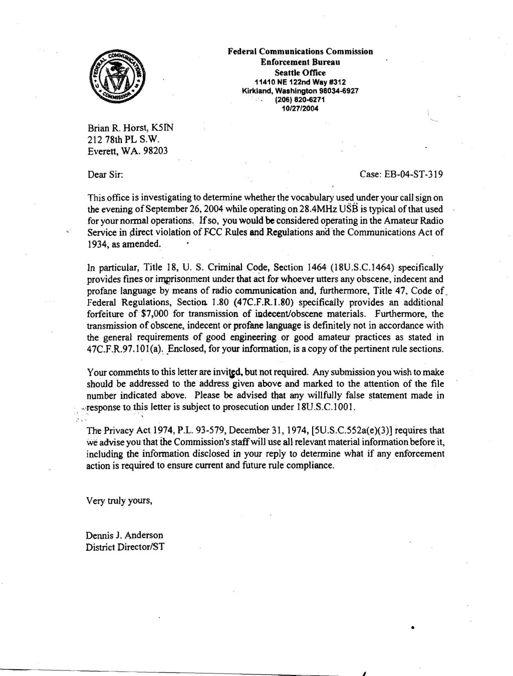 K5IN Enforcement Letter